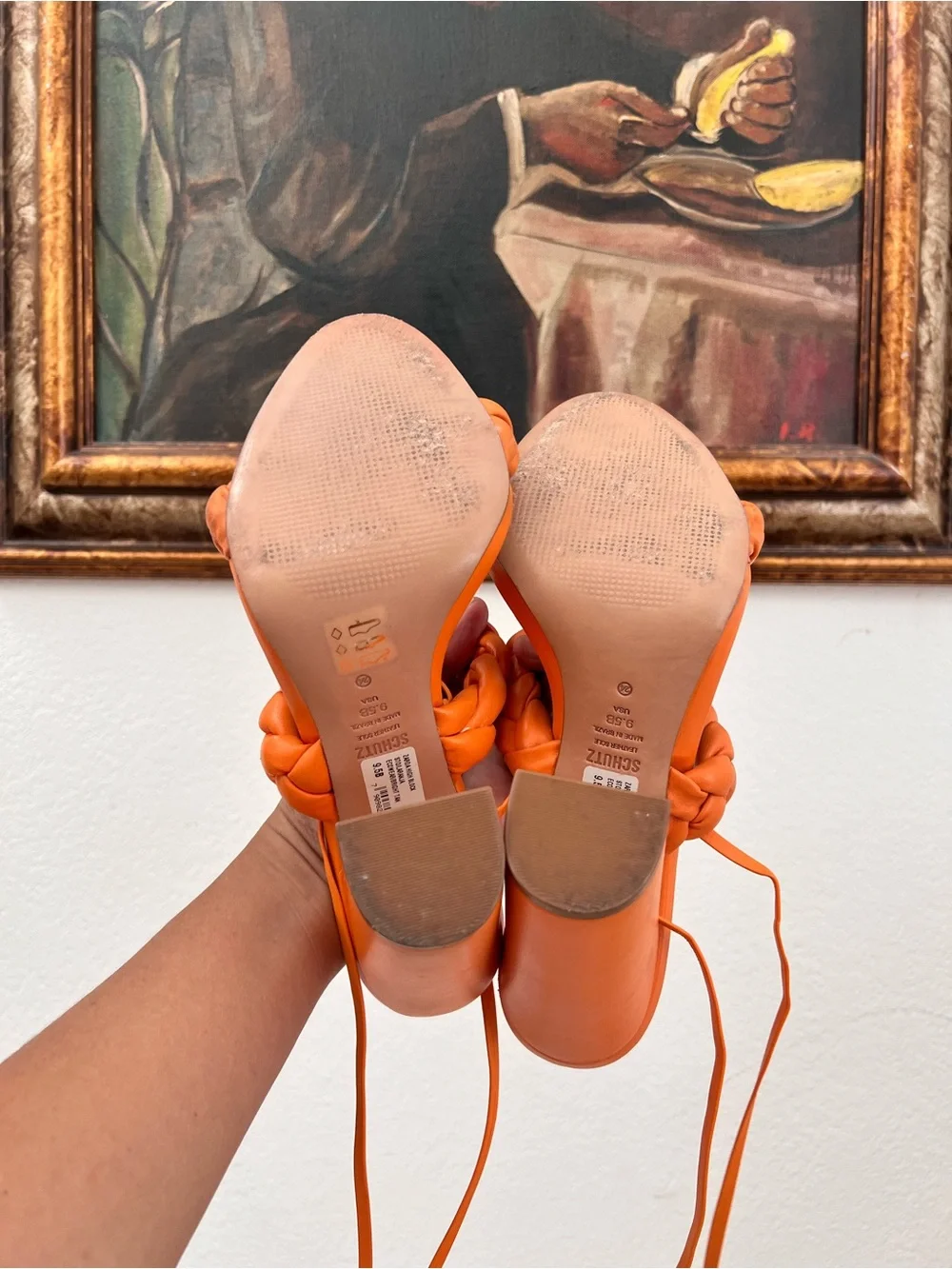 Schutz Zaria Orange High Block Heel Sandals Braided Ankle Straps Women's 9.5B